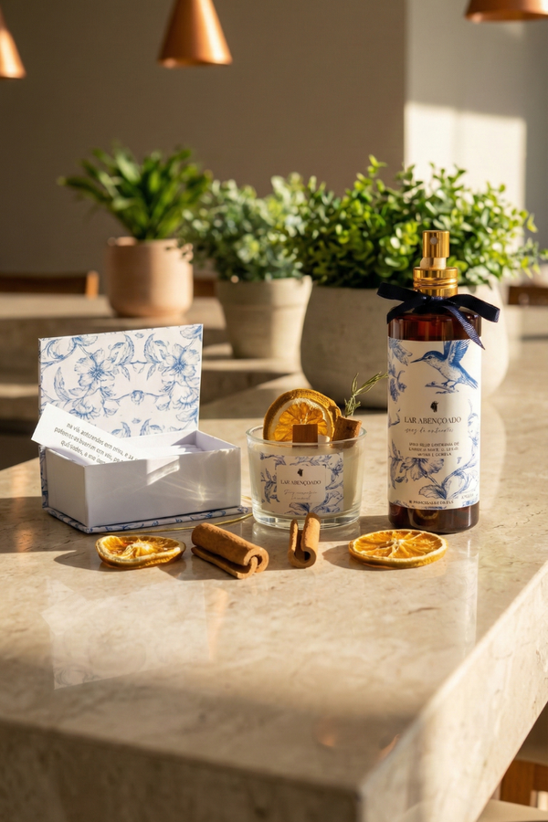 KIT Lar Abençoado - Spray + Caixa de Promessas + Vela Aromática